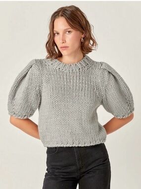 English Factory Light Gray Chunky Puff-Sleeve Sweater